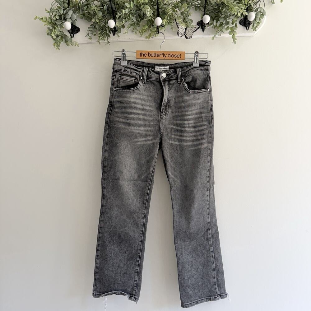 Risen Faded Black Distressed Straight Leg Jeans 7/28 Grunge Rock Trendy KG